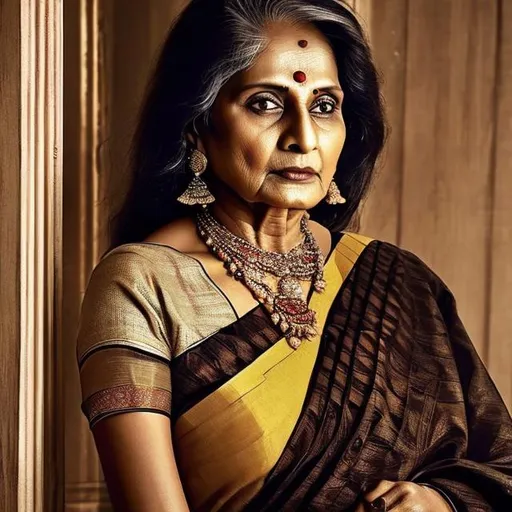 Prompt: old lady, 70 years old, indian origin, dark tone, wife of a don, wearing a saree, intense and bold look.