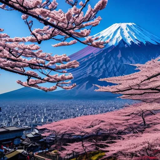 Prompt: the mount Fuji with cherry blossoms