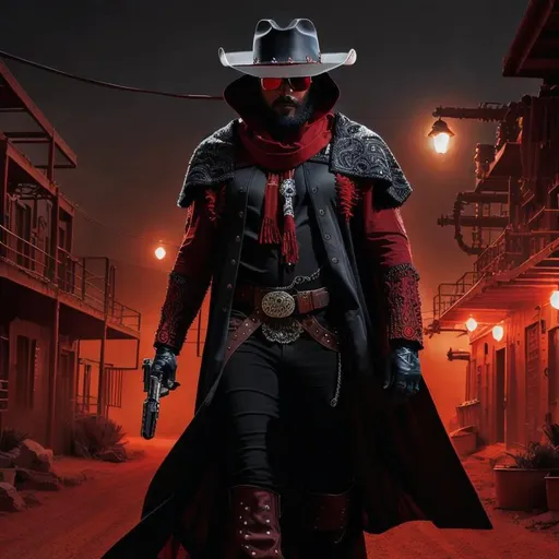 Prompt: Cyber Cowboy with 4 Arms, fiery red Poncho, Dressed in black duster and Stetson Cowboy Hat, with Red Sunglasses, Haunting Presence, Intricately Detailed, Hyperdetailed, Desert Wild West Landscape, Dusty Midnight Lighting, Wild West Feel