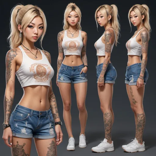 Prompt: Photorealistic character design sheet of a 21-year-old East-Asian woman with a gyaru style, athletic physique, blonde hair with blue eyes and tanned skin, adorned with tattoos, dressed in a delinquent outfit, high quality, photorealism, character design, East-Asian, gyaru, athletic, blonde hair, blue eyes, tanned skin, tattoos, delinquent outfit, detailed design, realistic lighting