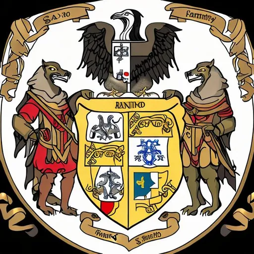 Prompt: Create a family coat of arms for the family Santos which inspires bravery, wisdom and wealth