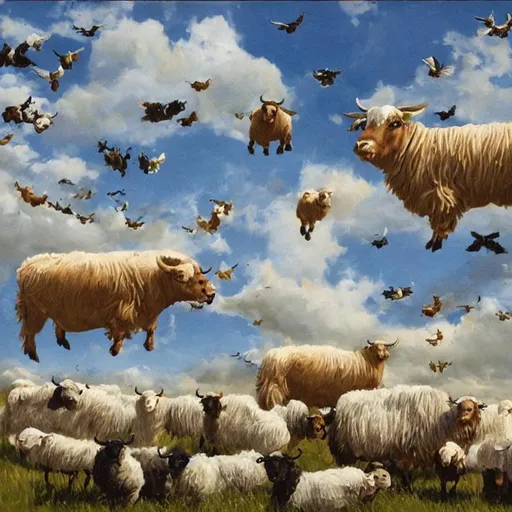 Prompt: Flying cows and sheeps