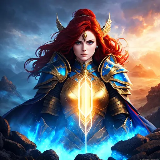 Prompt: oil painting of young female warrior in blue heavy combat armor without helmet standing on hilltop made of skulls,
stunning scarred face,
short red hair,
gold armor details,
long black cape,
glowing halo effect,
movie scene,
medium shot,
UHD