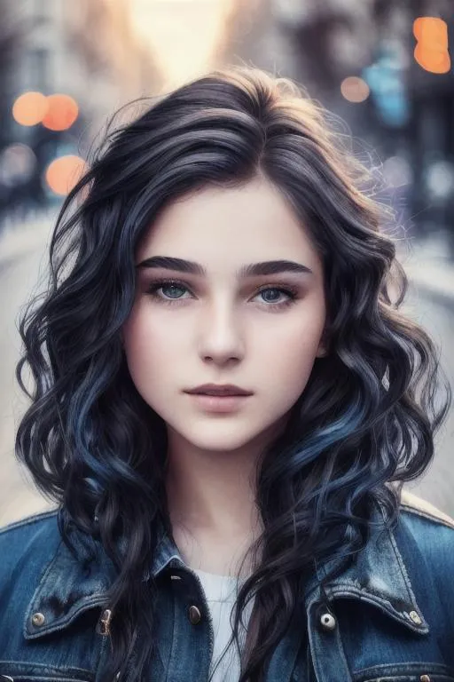 Prompt: 1girl, 8k, semi-realistic, masterpiece, cgi,( beautiful face, 20yo), wave hair, detail hair, (black jacket, blue jeans), on street, full body, look on camera, cold light, nice pose 