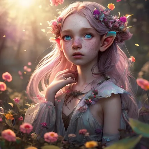 Prompt: UHD, environment, bloom, Leaves, flowers, Highly detailed, HD colour, Young girl, iridescent hair, elf ears, freckles, sunbeams