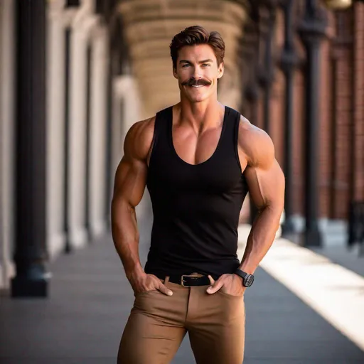 Prompt: professional photoshoot of A handsome, attractive, tan, and very muscular, Peter Parker with a mustache, wearing black pants, defined musculature. High quality, bright lighting, defined musculature, Smiling. 