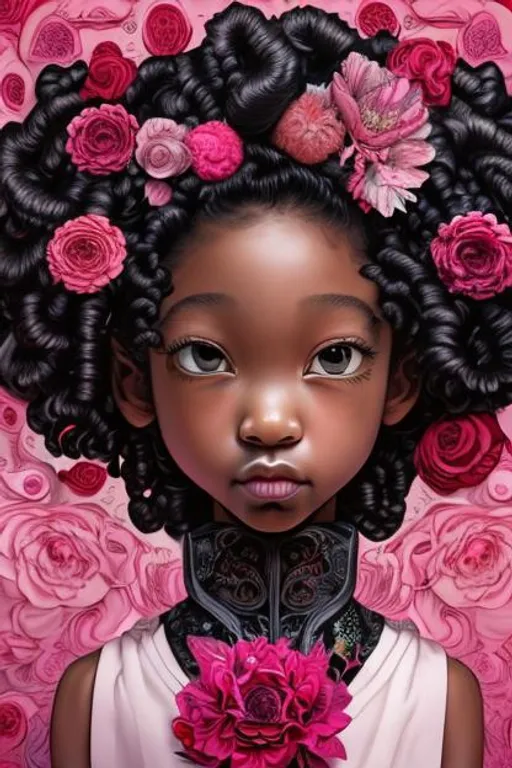 Prompt: Artwork by Daisuke Hagiwara of a black girl, curly long hair, flowers in hair, soft fuschia and black dress with ruffle and bow details, light black eyes, upturned mouth, hyper detailed and intricate, ornate, (sharp focus:1.2),smooth facial, eyes, nose, hand features, vivid, vibrant, 8K 3D, (UHD:1.2), 8k resolution, character design, CloverWorks, (rendered by real engine 5)