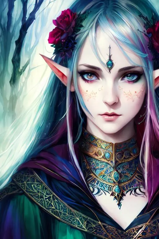 Prompt: (((art by Agnes Cecile))), gothic theme, female elf mage, beautiful face and eyes, intricate detailed face and eyes, ((Polychromatic)), (very saturated color), (vivid colors), Surreal, intricate wizard clothes, UHD, 8K, high fantasy, ultra realistic