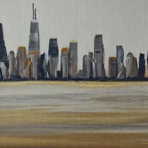 Prompt: Beige, gold, gray, and white only abstract oil painting of the Chicago skyline