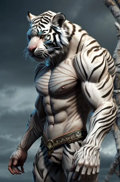 Prompt: White Tiger looks, a muscular tiger man hybrid with tiger pattern cool look, 8K, super HD, Hyper Realistic, unreal Engine, dark themed colour, with milky way sky, colour highlight, pattern highlight, tiger and super muscular hybrid, full body muscular white tiger hybrid, full muscle tiger hybrid 