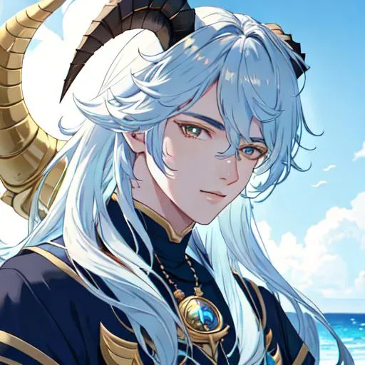 Prompt: Capricorn The Sea-Goat zodiac as a male human, 8k, UHD,  highly detailed, close up