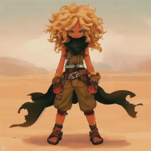 Prompt: kingdom hearts 
2d sketch 11-year-old girl, happy and smiling, stands in the desert. She is a mechanic, with tools and metal scraps attached to her belt. She wears a red bandanna, thick leather gloves, and an open poncho with symbols of the sun. She is barefoot, with suntanned skin and big, frizzy blond hair. She is standing in front of an old, abandoned car, holding a wrench in her hand. The sun shines brightly in the background, and the sky is a clear blue.