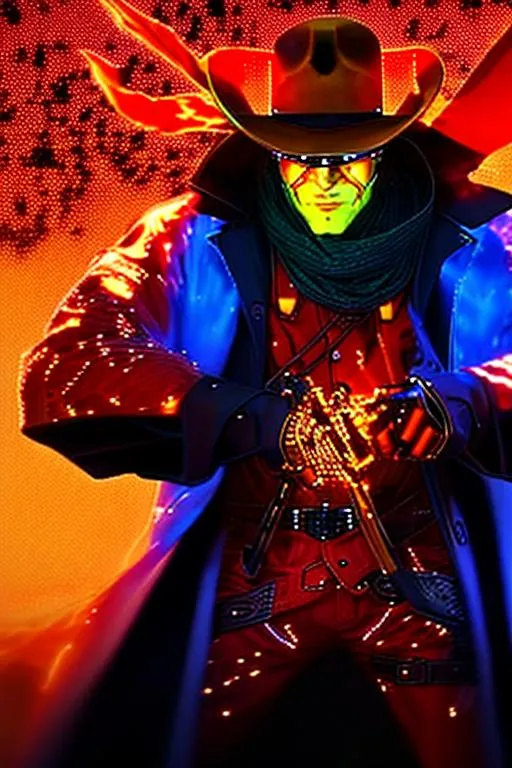 Prompt: ((Cyber Cowboy with 4 Arms))!!, fiery red Poncho, Dressed in black duster and Stetson Cowboy Hat, with Red Sunglasses, Haunting Presence, Photorealism, Hyperrealism, Intricately Detailed, Hyperdetailed, Desert Wild West Landscape, Dusty Midnight Lighting, Filmic, Movie Quality, 8K Resolution, Wild West Feel