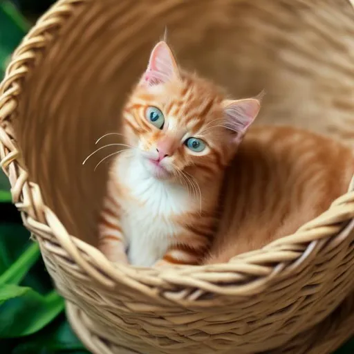 Prompt: baby ginger cat , meowing, with long tail, in a small basket with greenish eyes , crying.