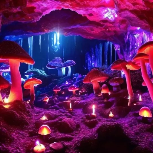 Prompt: Cave, dim lighting, glowing crystals, purples pinks oranges and blues, cave moss, mushrooms, fantsy, magic, dark, smokey, gems in the wall, waterfall