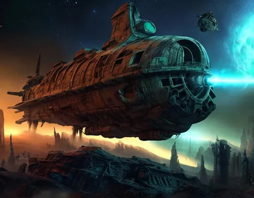 Prompt: space ship wreck dead city Ancient ,lasers zombies star trek