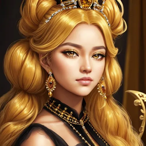 Prompt: Queen bee-A beautiful woman with thick, full honey golden hair arrainged in a top knot behind a gold tiara. Amber colored eyes, gown in colors of yellow and black, facial closeup
