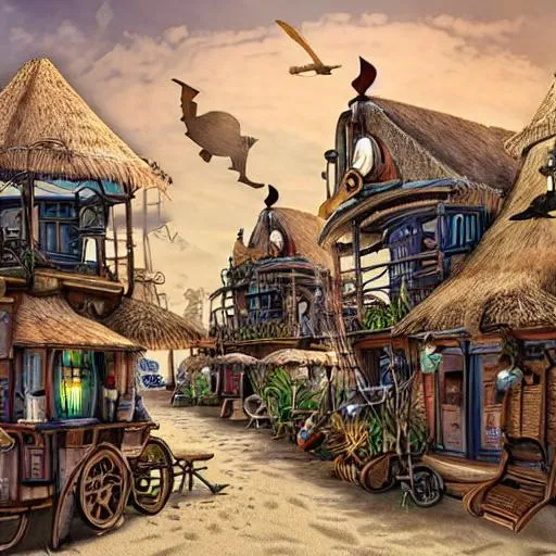 Prompt: beachy village with a steampunk vibe