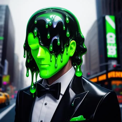 Prompt: a green drippy oozing slime humanoid in a black buisness suit, slime head exploding, on the streets of new york,Digital style painting,style of Pixar, Fragonard, highly-detailed, cinematic, washed out palette,light trails,iridescent, arms visible, perfect composition, hyperrealistic, super detailed, 8k, high quality, sharp focus, intricate details, highly detailed, dynamic lighting, detailed and intricate environment, highest quality