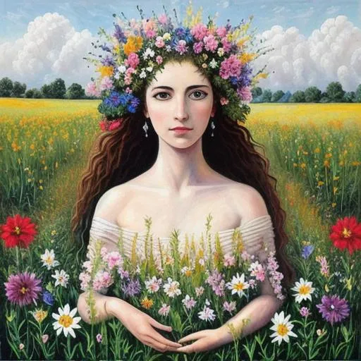 Prompt: A painting of a goddess in a field of flowers 