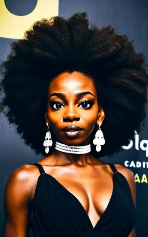 Prompt: beautiful black actress, afro, black dress, step and repeat banner