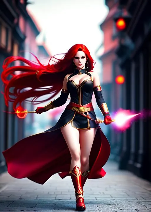 Prompt: red Hair Attractive Female Character with Air Magic, Ali from leagues of legend, ultra realistic, real photo, movie effect, Elegant, Romantic, HDR, full body,  cinematic,  legs, hyperrealism, definition, glowing eyes, facial symmetry  by Ilya Kuvshinov
