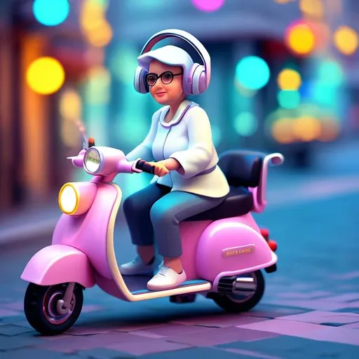Prompt: Tiny cute old woman wearing headphones and driving a scooter, character driving in steeth Bokeh, soft smooth lighting, soft colors, skottie young, 3d blender render, polycount, modular constructivism, pop surrealism, physically based rendering, square image

