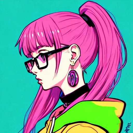 Pop girl, big earrings, profile, colorful hoodie, glasses - Prompt