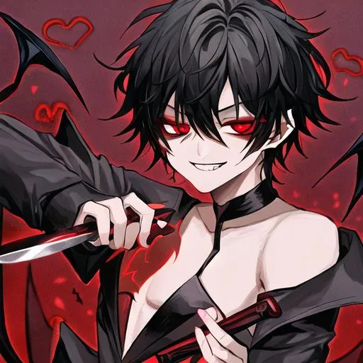 Prompt: Damien (male, short black hair, red eyes), demon form, grinning seductively, holding a knife, hearts around him
