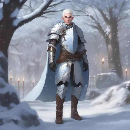 Prompt: dnd a elven man with short fluffy white hair wearing plate armor with light blue eyes in a snowy park