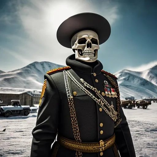 Prompt: Realistic photo of skeleton in Soviet military uniform wearing long ushanka hat full hd, ultra realistic, highly detailed, 8k. Soft lighting 