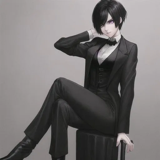 Prompt: Young Women with a short black hair and purple eyes in a long black tailcoat and white shirt with white trousers and black  boots