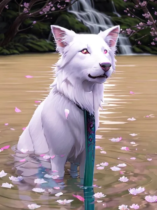 Prompt: USE DEMON SLAYER ART STYLE
REFINED LINES

White Border Collie wearing detailed Green Kimono, Vapor effects in the water , One Dartk Katana Burried in the Water, with Red Effect

Beauty Blue ,Water Fall Background , Dark Forest aswell

PINK BLOSSOMS AND ALOT OF PETALS FALLING IN THE BACKGROUND
MAKE THE ART EQUAL AS THE IMAGE
VERY DETAILED
BEAUTY
HIGH RESOLUTION
1080P
FINE-TUNED
SHADDERS
Clean
