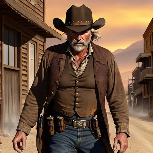 Prompt: Action! Angry Tense 3D HD Anxious Suspicious, Alert, Anticipating (grizzled! Dusty, dirty, tired, Rugged!! Sweaty Middle-Aged Male {1800's Old West}Gunfighter), Evening, hyper realistic, 8K expansive Autumn Old Western town background --s99500