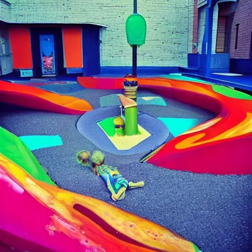 Prompt: Unknown place, liminal space, weird core, empty space, playground, arcade,colorful, childhood, dream, pool,