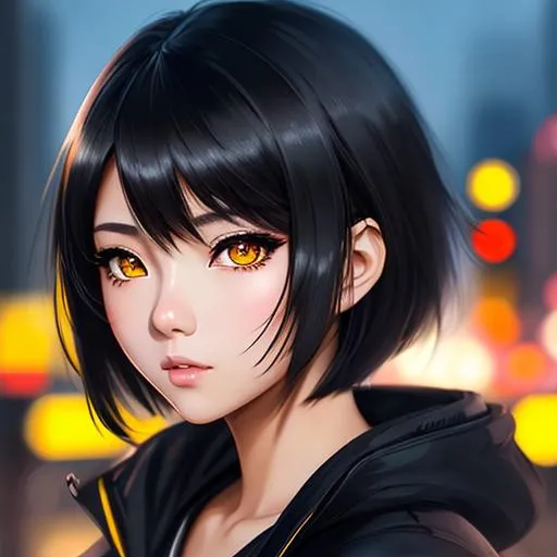 Prompt: japanese girl, short  wolf cut, yellow eyes, jet black hair, smooth soft skin, big beautiful eyes, beautiful, symmetrical, anime wide eyes, darker lighting, detailed face, by wlop, concept art, digital painting, looking into camera, masterpiece, city blur background