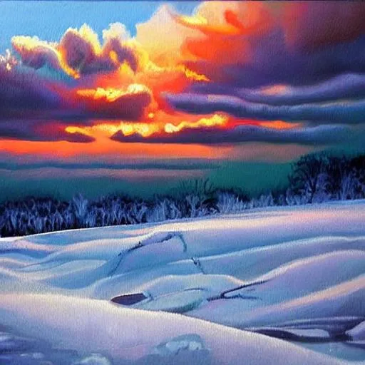 Prompt: An oil painting, with lots of color, on a winter evening, twilight, beautiful sky, clouds, dynamic weather, winter, dynamic colourful details, hyperrealism, hyperdetailed