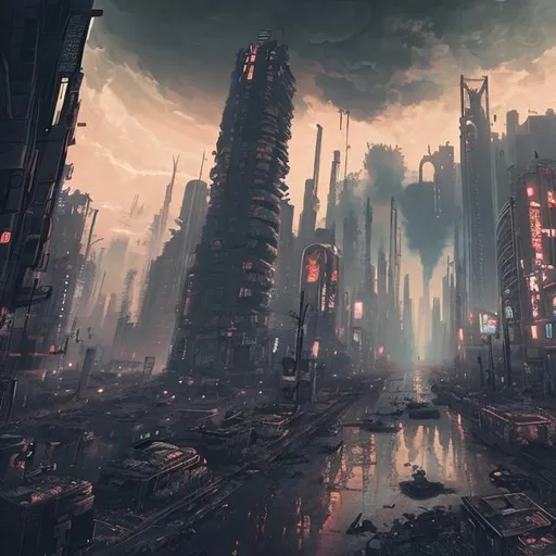 Prompt: apocalyptic cyberpunk city