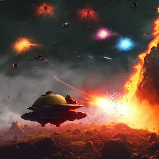 Prompt: army of small spacecraft invasion destroying an enemy alien race, lasers, lots of fire, smoke, and dust, outer space, dark red and yellow