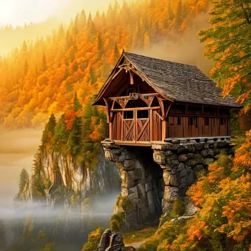 Prompt: Ancient elven city in the mountains with wooden covered bridges covered in foliage from the forest, a golden sunrise in with mist