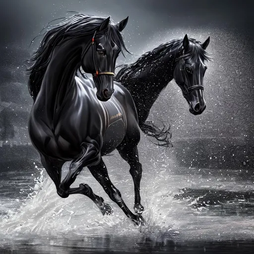 A painting of a running highly-detailed black hors...