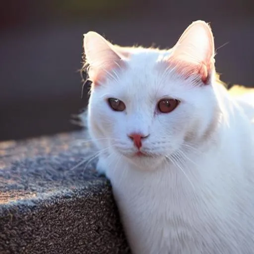 Prompt: White cat looking at the sky, backdrop of dawn