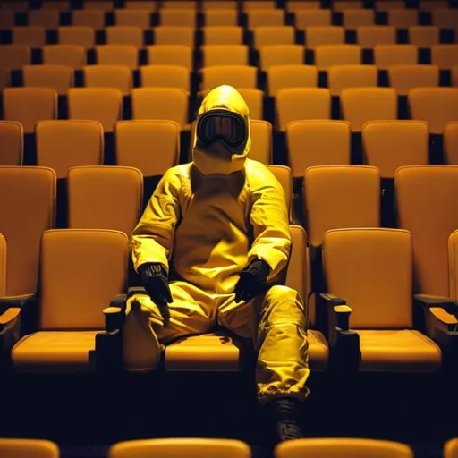 Prompt: Guy in a hazmat suit in an empty movie theater sitting alone