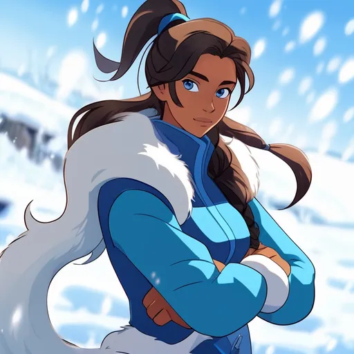 Prompt: Avatar: The Last Airbender oc. Water bender. Warm clothing, two ponytails at the front of his hair. Trans man who is slightly feminine. Brown skin. Inuk, blue jacket. Long eyelashes. Blue eyes