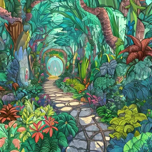 Prompt:  wallpaper of a cartoon style pathway into a  magical forest with colourful plants growing 
