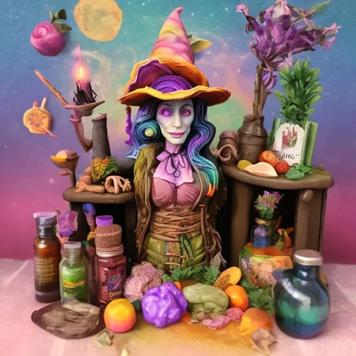 Prompt: Herbalist witch diorama in the style of Lisa frank 