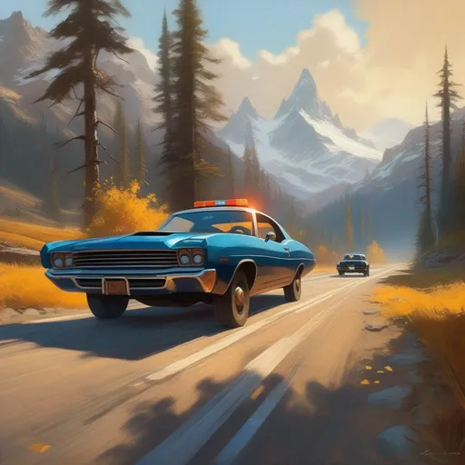 Prompt: Skyrim, car chase, cops, cartoony, sunny atmosphere, extremely detailed painting by Greg Rutkowski and by Henry Justice Ford and by Steve Henderson