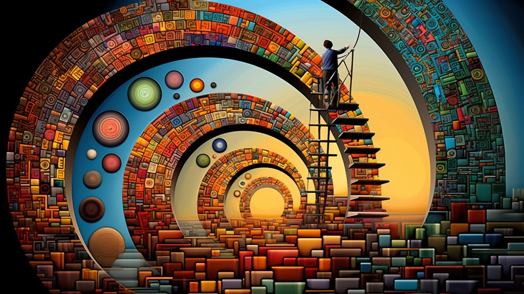Prompt: layer 1 [kid icarus climbing a ladder 3d, seen from behind] layer 2 [a colorful abstract image from someone's digital art collection, in the style of steve sack, spirals and curves, mosaic-inspired realism, painted illustrations, mexican folklore-inspired, digitally enhanced, bold lines, vibrant color]