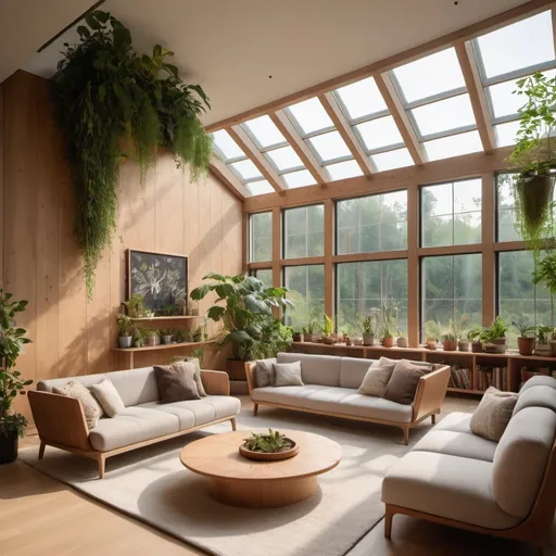 Prompt: Iluminated interior lounge with windows, built with some natural materials, with plants, furniture, decorative objects and art, and a relaxed warm feel that refers to neuroarchitecture and biophilic design.
No skylight and background windows with bigger glass panes but not to the full extent of the back wall