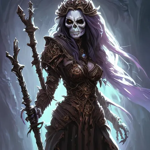 Prompt: Full body splash art of a sweet female undead skeleton vampire zombie sorceress, very long light brown hair, wearing long light-colored iridescent robe, carrying a wooden staff, D&D, dnd, fantasy, highly detailed, sharp focus, digital painting, artstation, 4k, 8k